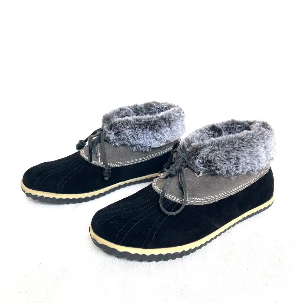 Sperry Top Sider Black Gray Elayna Suede Duck Boot Faux Fur Booties  Sz 7